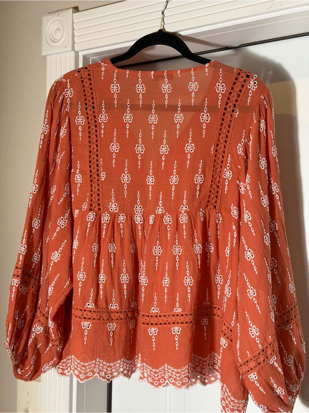 American Eagle~Boho~Terracotta~White Embroidered Eyelet~Lace~Tunic Top~Size LG/G - Picture 12 of 16